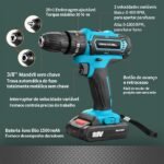 Parafusadeira e Furadeira à Bateria 21V com 2 Baterias e Carregador, 2 Velocidades Variáveis, Luzes LED, Kit de 25 Acessórios e Maleta, Conjunto Completo para Perfuração e Parafusamento, Azul - Imagem 2